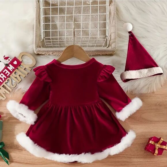 Adorable Red Velvet "Santa Baby" Dress and Hat - Picture 2 of 7